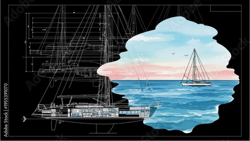 Sailboat floats on serene ocean waters near a docked ship at sunset.