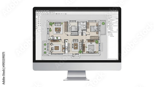 A computer monitor displays a detailed architectural blueprint on its screen indoors.