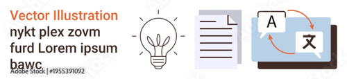 Language learning, communication tools, translation technology, creative thinking, innovation, and digital content. Lightbulb, document and digital screen with translation symbols. Translation