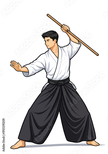 074-43-Man in hakama uniform training with a traditional wooden jo staff weapon