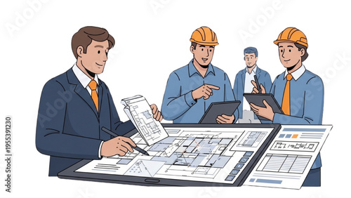 Engineers review blueprints with coworkers in office setting.
