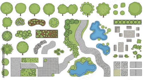 A scenic landscape illustration features various trees, paths, and ponds in a park.