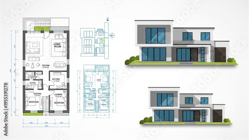 Architectural plans and elevations showcase a modern two-story house design