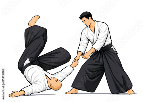 074-44-Man in hakama uniform training with a traditional wooden jo staff weapon