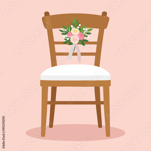 A chair holds a bouquet of flowers on its white cushioned seat indoors.