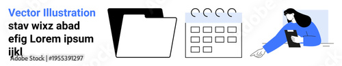 File organization, task planning, productivity, scheduling, time management, task delegation. Folder, calendar and person interacting with documents. File organization and task planning concept