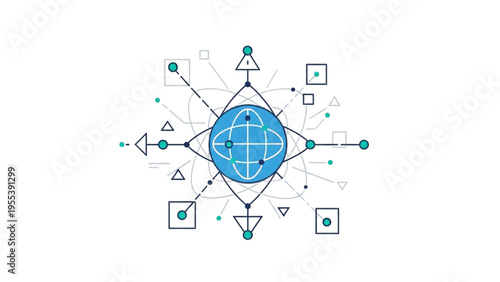 A blue globe is centered in a geometric pattern of shapes and lines.