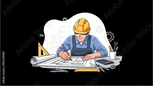 An engineer works on blueprints at a desk with tools and equipment.