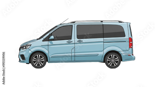 A light blue van is shown driving on the road outside.