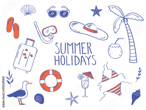 Hand Drawn Summer Holiday Icons Beach Elements Collection in blue ink style. 