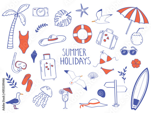 Hand Drawn Summer Holiday Icons Beach Elements Collection in blue ink style. 