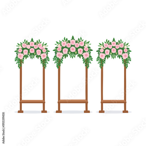 Three wooden archways decorated with pink flowers and green leaves stand in a row.