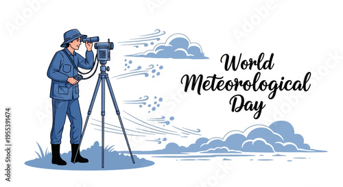 Illustration of a meteorologist observing weather patterns on World Meteorological Day with a vector design conveying climate science awareness.