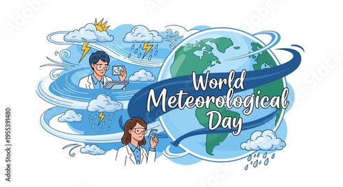 Illustration of World Meteorological Day with a globe, two scientists, and weather elements on a white background, conveying climate science awareness and meteorology research concept.