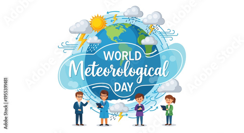 Illustration of diverse people celebrating World Meteorological Day with a globe, clouds, and weather elements on a clean white background.