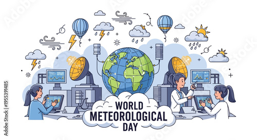 Illustration of scientists working at weather monitoring stations on World Meteorological Day with a global weather observation theme.