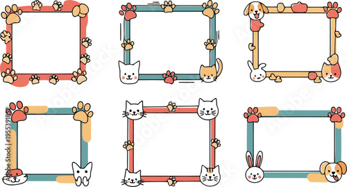 Pet animal frames with cute dog cat bunny faces and paw prints
