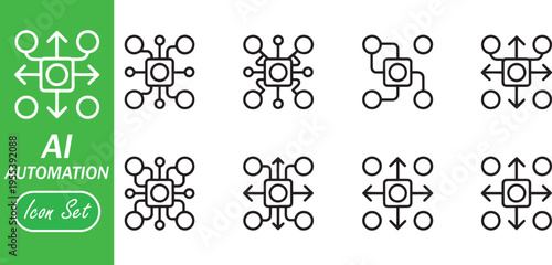 Centralized AI Network and Data Distribution Icons - Neural Processor Workflow Set
