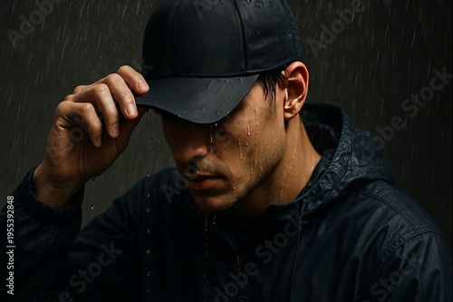 Man standing in rain wearing cap with dramatic mood