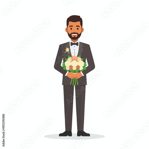 Groom in tuxedo holds bouquet standing indoors facing front