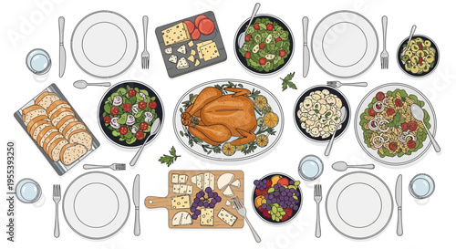 Overhead view of a festive holiday dinner table setting with roasted chicken, salads, bread, and cheese board.