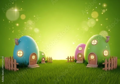 A whimsical scene of colorful egg-shaped houses with wooden doors and fences on a grassy field under a starry green sky