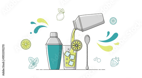 Cocktail making: Shaker pouring drink into glass with ice, fruit, mint, spoon, and splashes