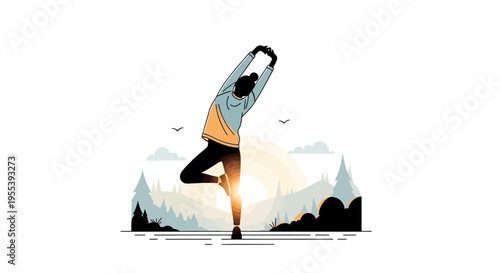 Woman doing yoga tree pose outdoors at sunrise with mountains and trees