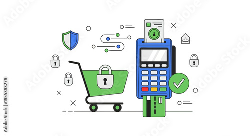 Secure Online Shopping: POS Terminal, Shopping Cart, Shield, and Locks