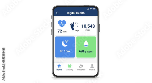 Smartphone displaying digital health app with heart rate, steps, sleep, and hydration tracking.