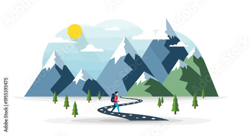 Hiker on Winding Road Towards Snowy Mountains, Sunny Day