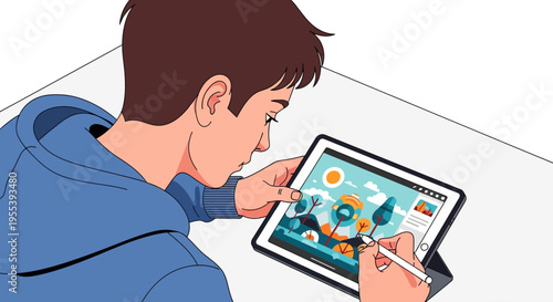 Young artist drawing on tablet with stylus, creating digital art landscape