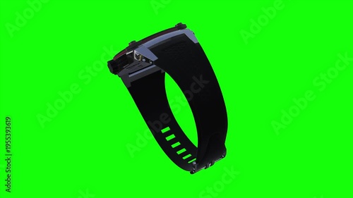 Smartwatch Accessory: A sleek, modern smartwatch band with its strap, highlighting its design against a vibrant green background. 