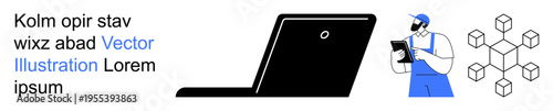 Technology, digital workflow, blockchain, remote work, IT services, professional tools. Illustration features a laptop, a technician holding a tablet and a blockchain structure. Ideal for IT