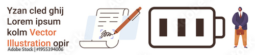 Business planning, productivity tools, corporate culture, energy management, professional services, documentation. Pen signing a document, battery icon professional figure. Productivity and business