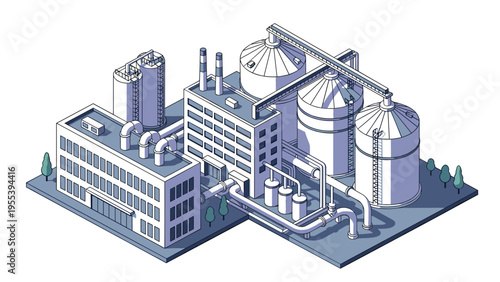 Detailed isometric view of a large industrial factory complex with storage tanks pipes and buildings in blue tones.