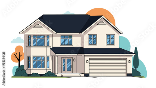 Modern two story suburban family house with a two car garage and large windows standing under a colorful sunset sky.