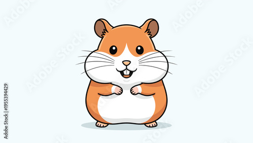 Cute brown and white hamster stands with its paws up and a happy smile against a light blue background illustration.