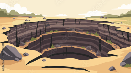 Deep open pit mine or excavation site in a desert landscape shows layered geological strata and scattered rocks under a hazy sky.