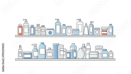Multiple shelves filled with various skincare and cosmetic bottles in different shapes and shades of blue and white illustration.
