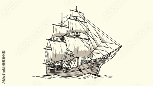 Classic three-masted sailing ship with detailed rigging and weathered sails glides across a calm sea in a vintage style drawing.