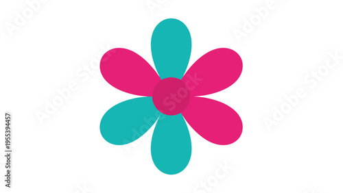 Simple symmetrical flower with six petals in alternating teal and magenta pink colors stands isolated against a white background.