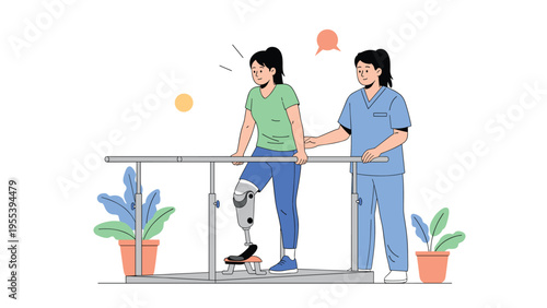 Young woman with a prosthetic leg practices walking on a treadmill with the assistance of a female physical therapist in a clinic.