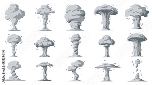 Collection of various smoke and explosion clouds in shades of gray illustrates different stages of a blast or rising fumes.