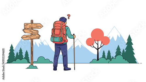 Hiker with a large orange backpack stands by a wooden signpost in a scenic mountain valley with pine trees and blue peaks.