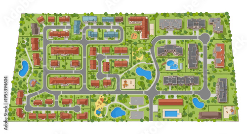 Aerial View of a Suburban Neighborhood Layout with Houses, Roads, and Parks