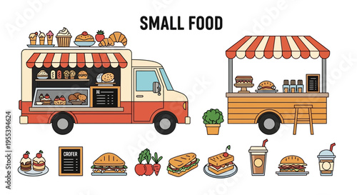 Food Truck and Stall with Assorted Small Foods and Desserts, Fast Food Menu Items