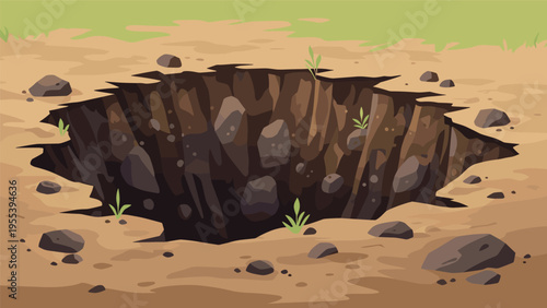 Large irregular hole in the dry ground features rocky soil and sparse tufts of grass on a flat earthy plain illustration.