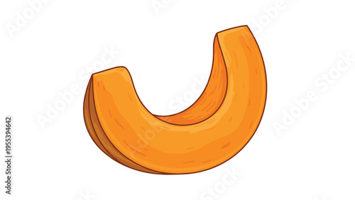 Thick crescent-shaped slice of orange pumpkin or melon is shown with its textured rind and solid inner flesh illustration.