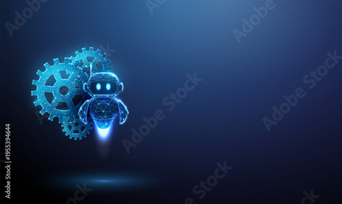 3d gears with blue robot. AI-driven automation, intelligent system operation, smart workflow management, machine learning processes, robotic control systems concept.